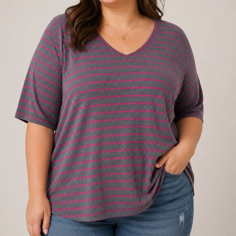 Woman Within Plus Size Gray Pink Striped V Neck Tunic Top Relaxed Fit Casual 1XL